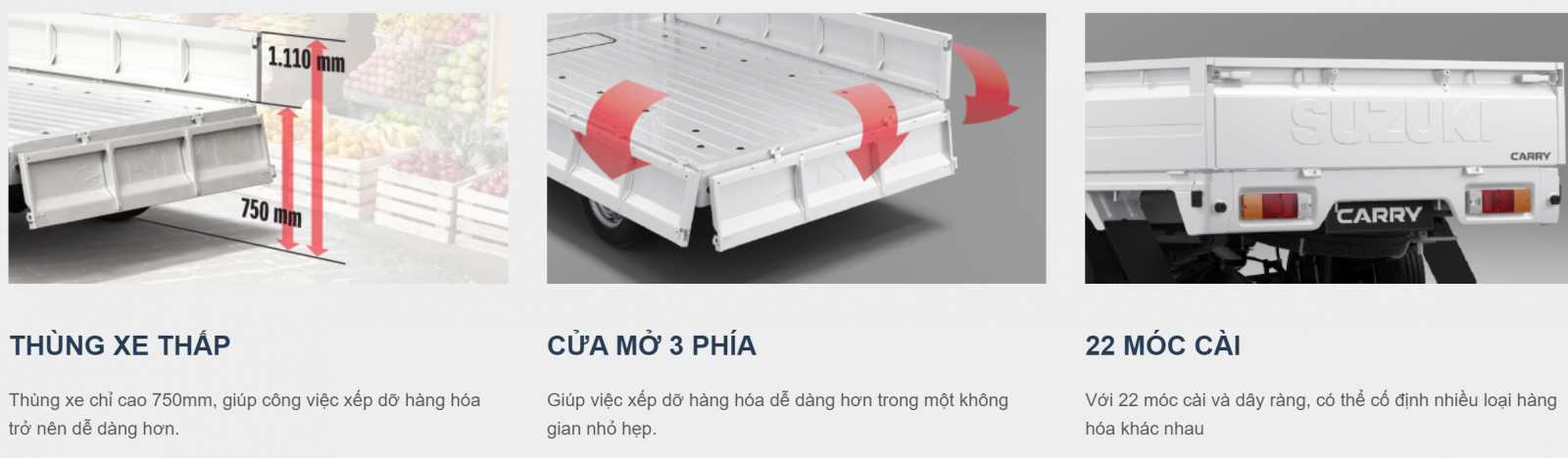 Carry Pro được trang bị 22 móc cài chắc chắn ở thùng xe, đảm bảo an toàn khi vận chuyển hàng hóa trên đường